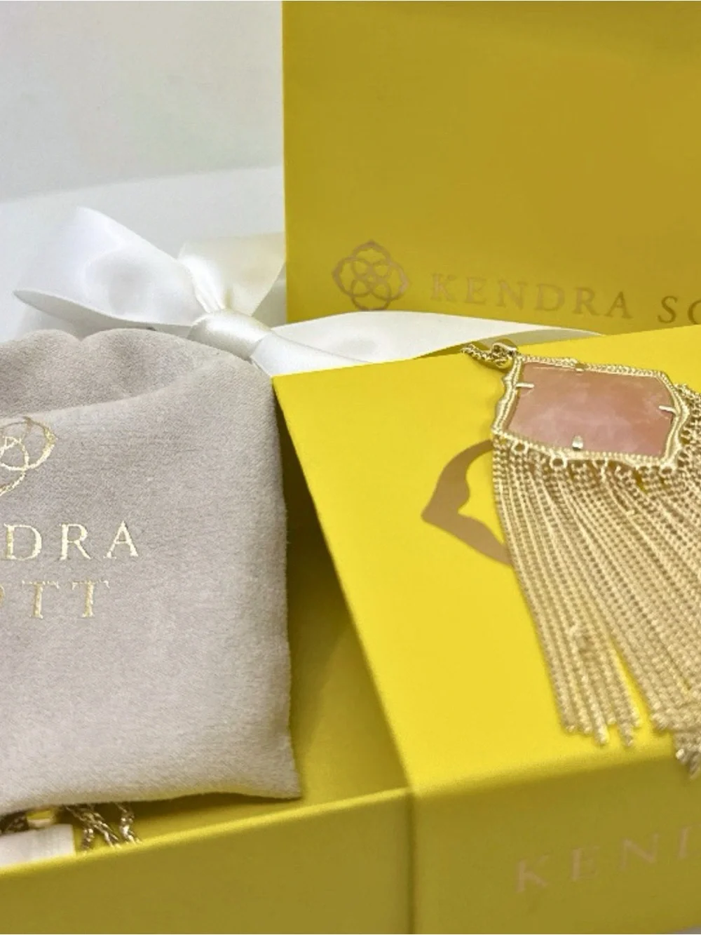 Kendra Scott Kingston Gold Long Pendant Necklace Pink Rose Quartz Gift Set